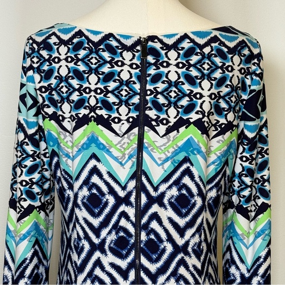 Vince Camuto Blue And Green Geometric Print Long Sleeve Dress Women’s Size 10 - Picture 5 of 9